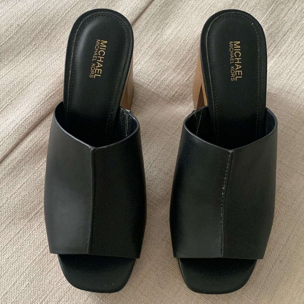 Michael Kors wood-heeled black mules. 7M